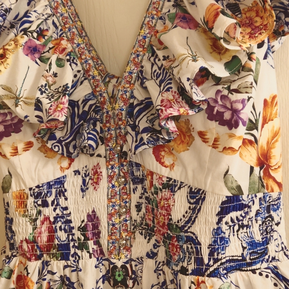 CAMILLA "Dutch Is Life" Tiered Frill V-Neck Open Back Maxi Cotton Dress, L $899 - Picture 15 of 16